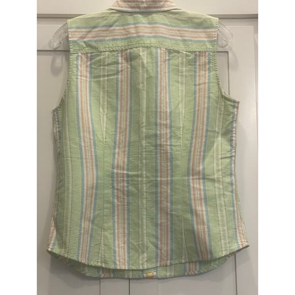 BASS Sleeveless button up Camp Shirt mint green/pink stripe Small 100% Cotton - Picture 2 of 8